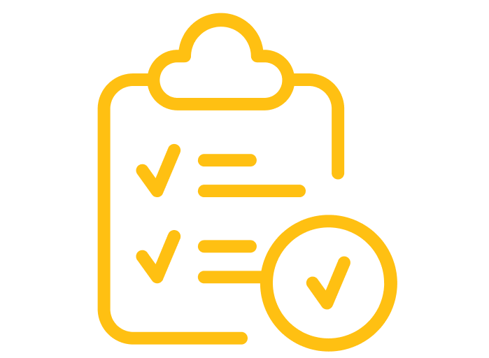 Yellow icon of a checklist with checkmarks on a clipboard.