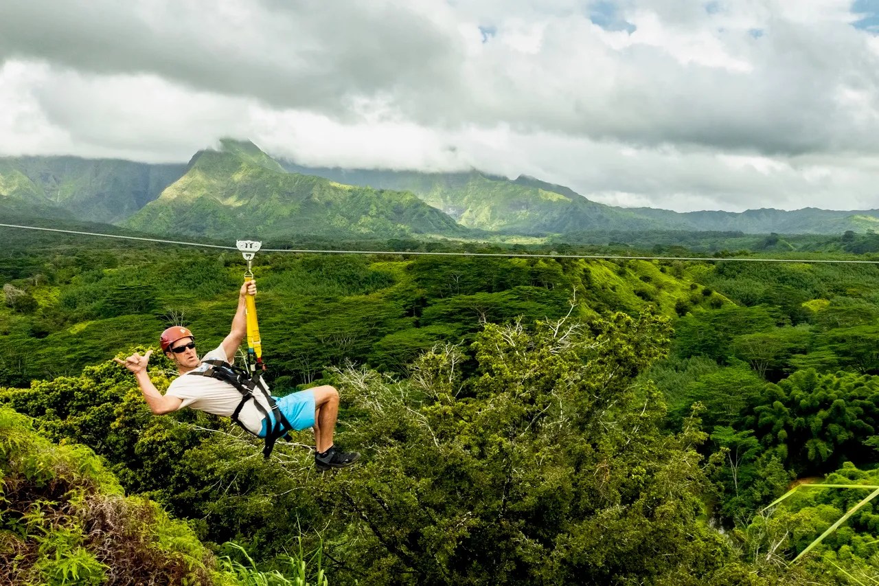 Person ziplining over lush green forest with mountains in the background.